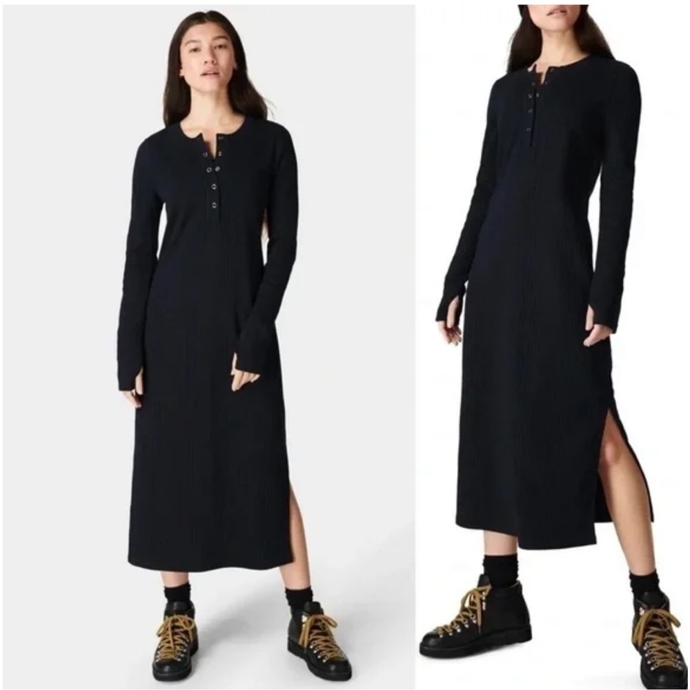 NEW Sweaty Betty Henley Ribbed Black Midi Dress Size M Minimalist Winter Staple